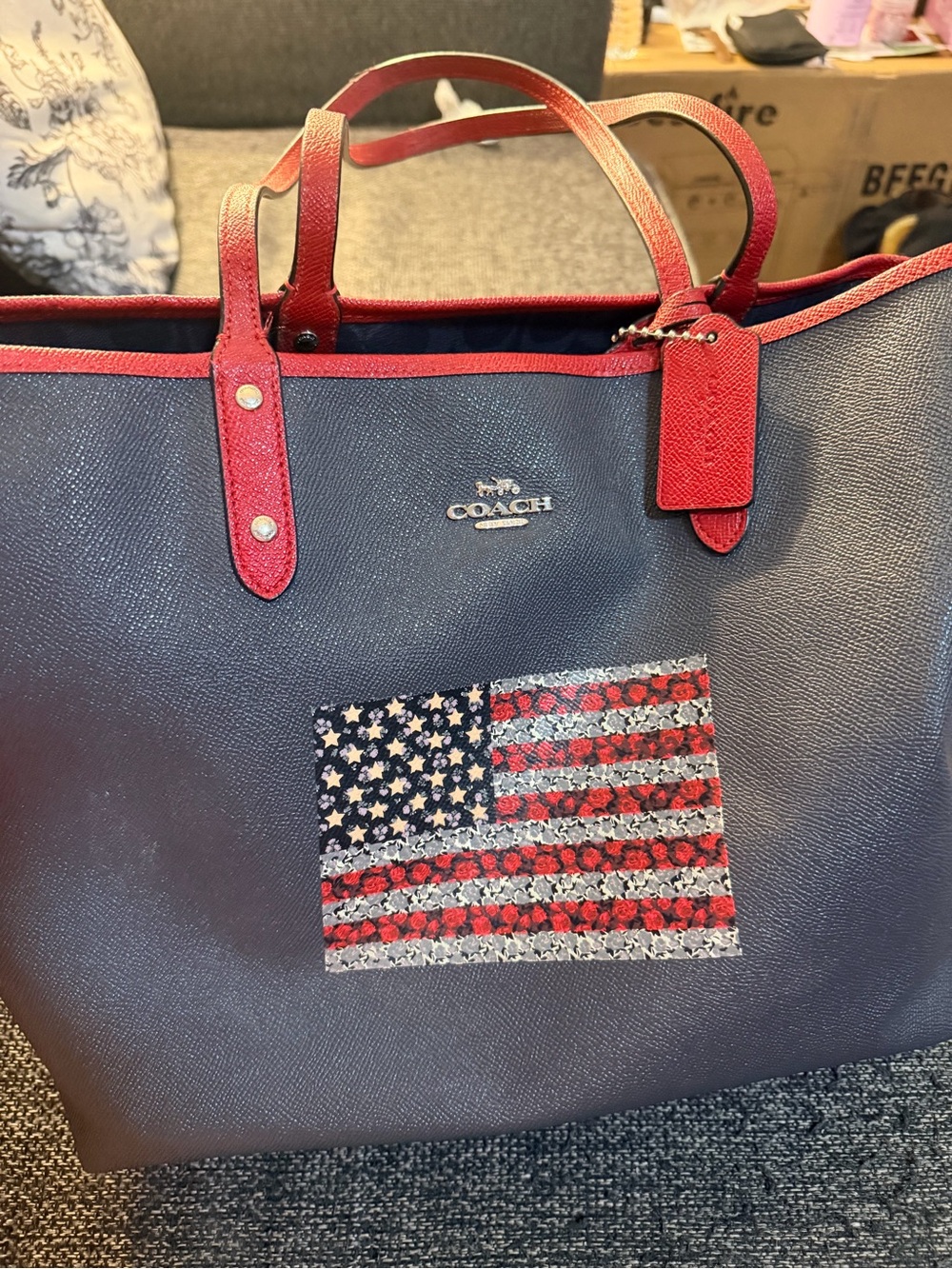 Coach Navy Tote with Red Trim and Flag.